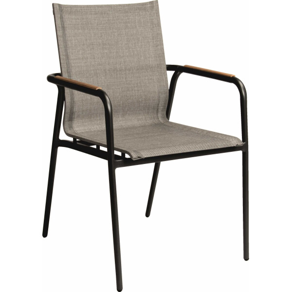 schwarz matt - Bezug Leinen grau - Armlehne teak